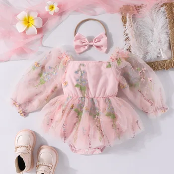 Лолита Новородено бебе цвете гащеризон за малки момичета боди с бродерия Tutu бутер дълъг ръкав есен зимни дрехи