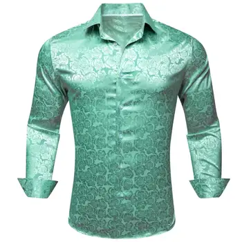 Луксозни копринени ризи за мъже Зелено цвете дълъг ръкав тънък годни мъжки Blouese ежедневни върхове официални улични облекла дишаща Barry Wang
