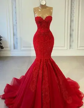 Луксозни червени дълги русалка абитуриентски рокли 2023 Нова апликация без ръкави Скъпа Официални вечерни парти рокли