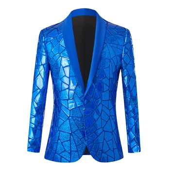 Лъскави сини пайети Bling Glitter Blazer Men 2023 Шал яка с един бутон Смокинг костюми / блейзър Мъжко сватбено парти Сценични костюми