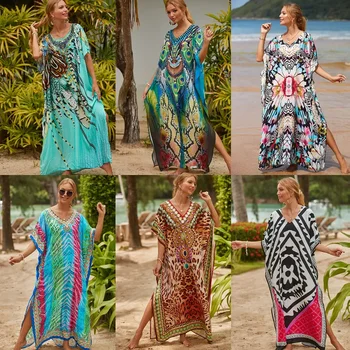 Лято жени секси плажна рокля v-образно деколте туника Sarong бански Kaftan роба Sundress цвят печат бикини покрийте извънгабаритни макси рокля
