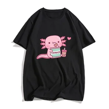 Лято сладък Axolotl печат памучни тениски Streetwear жени нови ежедневни мода къс ръкав T риза O-образно деколте върховете облекло