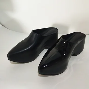 Лято Черно дебел ток обувки заострени пръсти чехли прашка жени сандали плътен цвят Сапатос Mujer