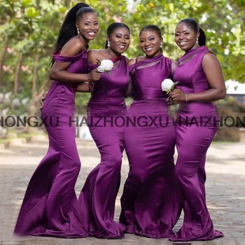 Макси русалка лилави шаферски рокли дълги едно рамо африкански жени официално сватба гост рокля парти