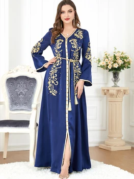 Мароко рокля жени бродерия мюсюлмански Abaya мода Дубай Abayas Рамадан колан Кафтан елегантни парти рокли Vestidos пролетта
