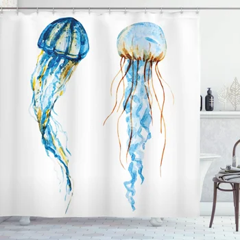медузи душ завеса акварел екзотични море океан създание водни животни печат плат плат баня декор комплект с куки