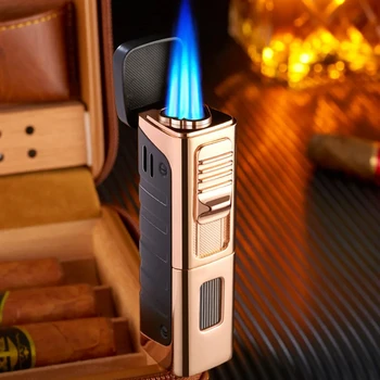 Метална директна запалка Пура Blue Flame 3 Jet Torch Gas Butane Fire Lighter Visual Air Chamber Accessories Запалки за пури