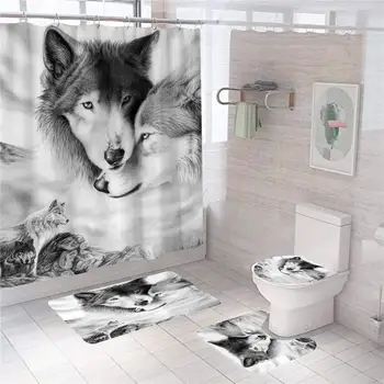 Мистериозен вълк Луна душ завеса комплекти килими тоалетна капак капак баня мат водоустойчив диво животно баня комплект декор