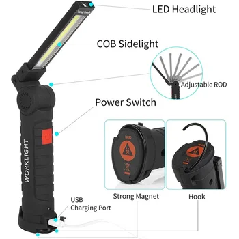 Многофункционална сгъваема работна светлина COB LED къмпинг факел фенерче преносима светлина USB акумулаторна с вграден комплект батерии