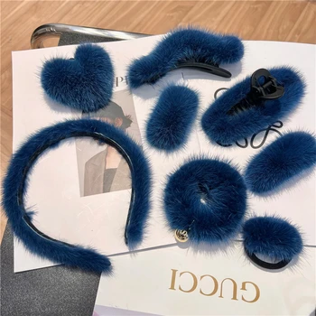 Мода Клайн синьо Истинска норка кожа фиби коса пръстен жени зимни плюшени шноли раци нокти шапки аксесоари за коса подаръци момичета