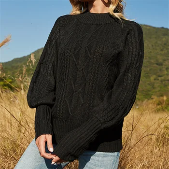 Мода черен пуловер трикотажни пуловер фенер ръкав Топ потници реколта текстурирани жени джъмпер есен зима връхни дрехи