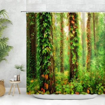 Модерен 3D печат гора душ завеса парк зелено растение дърво естествен пейзаж баня завеса с куки за баня пейзаж