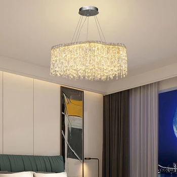 Модерен луксозен кръгъл полилей за хол LED осветително тяло правоъгълен таван висяща лампа спалня кристален полилей