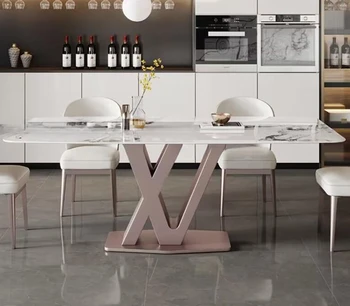 Модни кухненски мебели правоъгълник рок плоча маса маса за хранене стоманена рамка лилаво покритие мрамор маса за хранене 6 души
