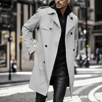 Мъжко ветровка палто есен твърд ревер джоб тънък двуреден якета с колан мъжки зимно яке 2023 стилно облекло