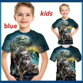 Най-новите деца летни деца мода Blue Wolf 3D отпечатани къси ръкави момчета момичета карикатура тениска