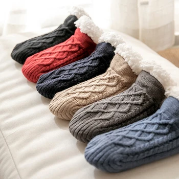 Нов зимен под чехли жени мъже вътрешен дом чорапи топло кадифе етаж чорапи плюшени меки чехли възрастни дъното лепило чорап