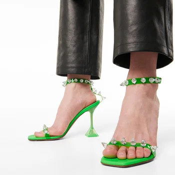 Нов прозрачен PVC кристал висок ток сандали квадратни пръсти гладиатор токчета писта обувки шипове глезена каишка сандали плюс размер43