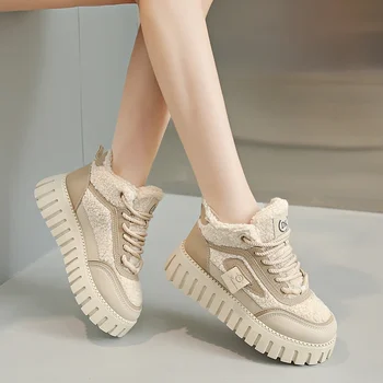 Нова зимна мода увеличена плюс кадифе дамски ботуши кръг пръсти дебели подметка случайни удобни топъл цвят вулканизирани обувки