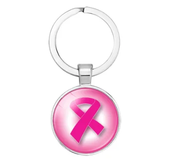 Нова осведоменост за рака на гърдата 25 мм стъкло Cabochon розова панделка чар ключодържател & ключодържател за мъж жена бижута подаръци 10PCS
