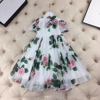 Новата принцеса рокля на бебето момиче бяла рокля на цветя Рокля с папийонка на момичето Голяма люлка Летни дрехи