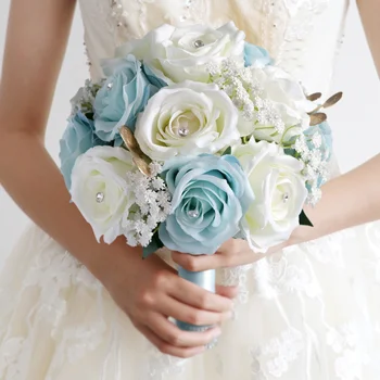 Нови изкуствени розови цветя бели сини булчински букети Булката държи цветя ръчно изработени сватбени аксесоари