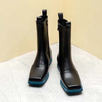 Нови мъжки ботуши синьо дъно квадратни пръсти естествена кожа черен Челси британски стил високо качество мода мъже парти обувки