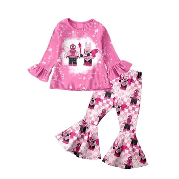 Нови розови момичета дрехи карикатура робот игра дълги ръкави звънец панталони комплект бебешки момичета цип гащеризон
