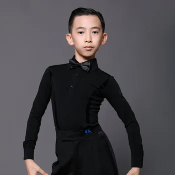 Ново детско латино танцово боди момчета черно бяло блузи с дълъг ръкав Child Cha Cha Rumba Танцуващ костюм G5027
