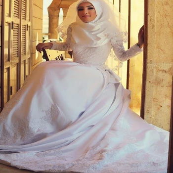 Ново пристигане Апликации Мюсюлманска бална рокля Сватбена рокля Сатен плюс размер халат De Mariage Princesse De Luxe