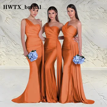 Оранжеви шаферски рокли за жени Едно рамо Streamer русалка дълга рокля сватбено парти лъскав сатен прислужница на честта потребителски размер