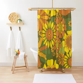 Оранжево, кафяво, жълто и зелено ретро маргаритка модел душ завеса душ комплект душ вана елегантен баня завеса
