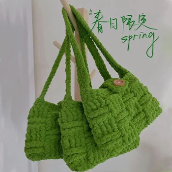 Оригинален дизайн завършен пролет зелени жени подмишниците рамо чанта плетене на една кука ръчно изработени дама пазаруване карирана чанта любовници подарък