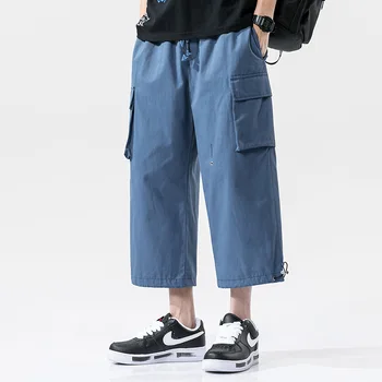 Осемточков гащеризон Лято Нова мъжка мода харем панталони 100% памук свободни панталони плътен цвят множество джобове къси панталони