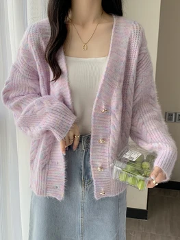 Плетена жилетка жени пуловер палто v-образно деколте дълъг ръкав еднореден хлабав тънък върховете 2023 есен корейски сладък бял пуловер