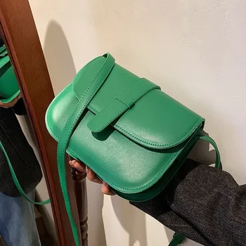 Плътен цвят прости жени седло чанта зелен PU кожа Crossbody рамо чанти 2024 зимна мода луксозни жени чанти и чантата