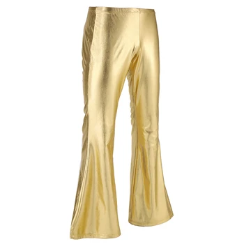 Плюс размер S-7XL лъскави метални диско панталони звънец дъното разкроени дълги панталони панталони мъжки панталони изгорени камбани панталони клубно облекло
