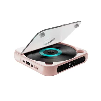 Портативен CD плейър Bluetooth високоговорител,LED екран, стерео плейър, монтиран на стена CD музикален плейър с FM радио-розово