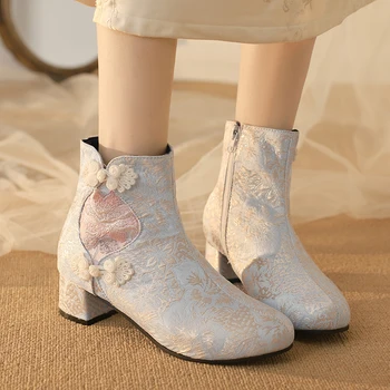 Прекрасни цветя плат бродерия глезена ботуши за принцеса блок петата есен зима 2023 парти Лолита обувки момичета свободен кораб 12+y
