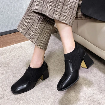 Пролет и Есен 2023 Мода Нов прост PU Дамски токчета високи токчета квадратни пръсти офис Дамски парти обувки Дамски обувки