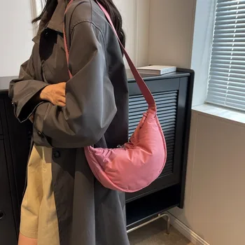 Прост найлон жените Hobos рамо чанта плътен цвят женски преносими подплатени пратеник чанти нов дизайн момичета малка чанта чанти