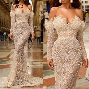 Разкошни перли русалка вечерни рокли 2023 мъниста дантела дълги ръкави африканска жена абитуриентска рокля елегантна илюзия роба de soiree