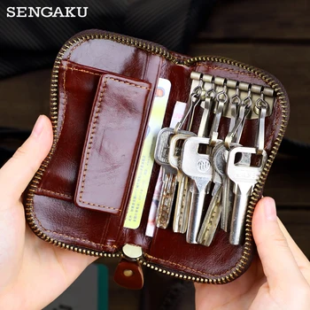 реколта естествена кожа ключ портфейл за мъже преносим притежателя на кредитна карта монета чанта домашна помощница ключ цип съхранение чанта