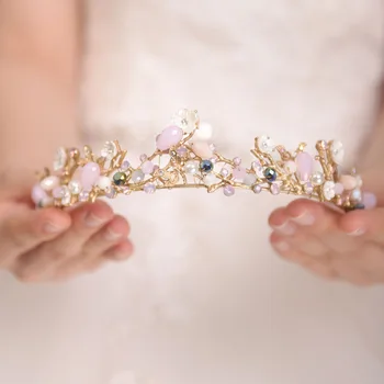 Реколта сватба главата бижута злато принцеса корона розов кристал шапки цвете булчински коса лента шаферка лента за глава момиче тиара