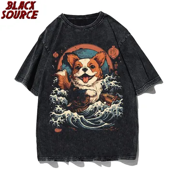 Реколта тениска Streetwear хип-хоп усмивка голдън ретривър куче графичен печат пънк измити тениска Harajuku мода хлабав отгоре A433