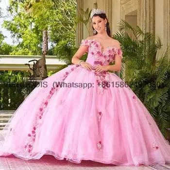 Розова скъпа бална рокля Quinceanera рокли за 15 парти мода 3D цвете извън рамото Пепеляшка рожден ден рокли