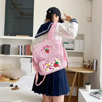 Розово момиче бродерия ягода детска ученическа чанта студент момичета рожден ден подарък 2023 нов японски карикатура деца раница