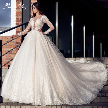 Романтична лъжичка врата мъниста блестяща топка рокля сватбена рокля 2024 разкошен апликации дълги ръкави принцеса булчински рокля персонализирани