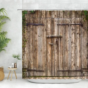 Рустик реколта стара врата душ завеса комплект плевня порта селска къща дървена дъска декор баня вана завеси с куки кафяв