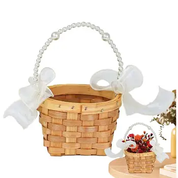 Рустик цвете момиче кошница мини кръг сватба цвете кошница ръчно тъкани плетен кошница с дръжка и лъкове перфектен за сватба